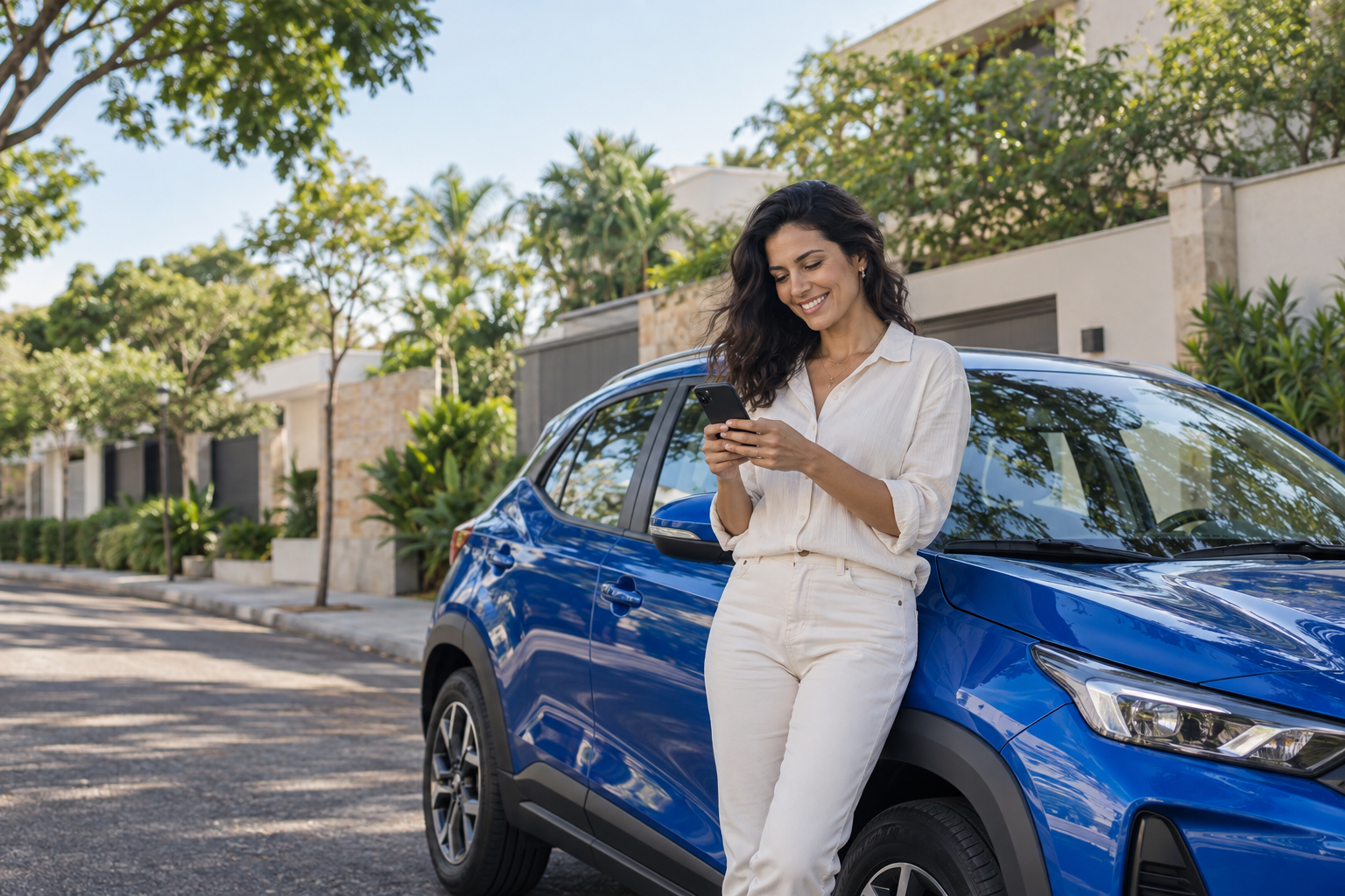 Mulher consultando o celular ao lado do seu carro